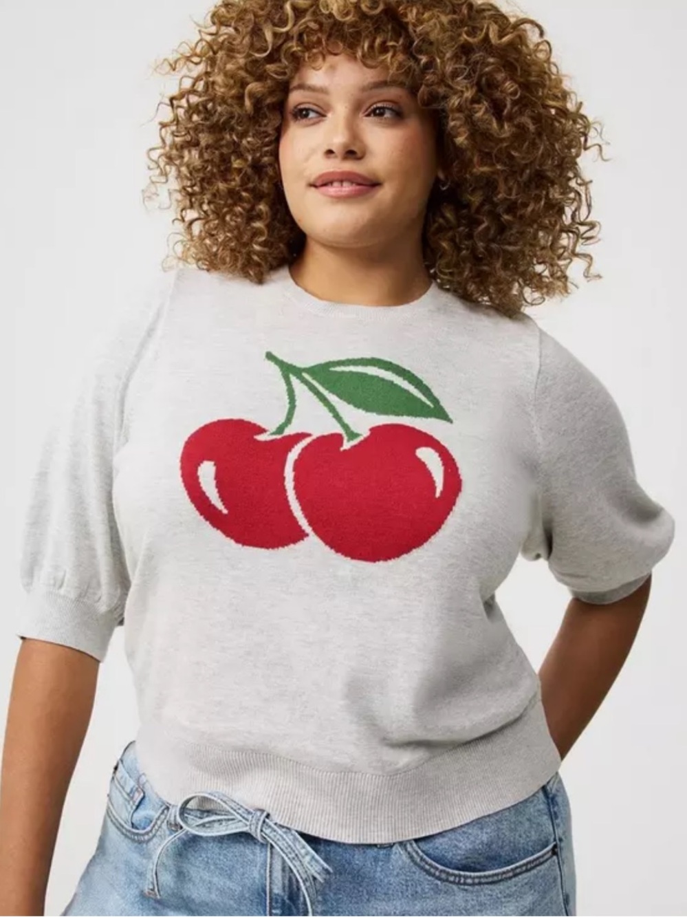 NWT Torrid Cherry Fruit Pullover Sweater Womens Size 1X Puff Sleeve Crewneck